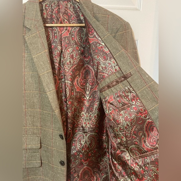 Alan Flusser Men's 40R Polyester Paisley Lined Tan Plaid Shell Sportcoat - Picture 4 of 5